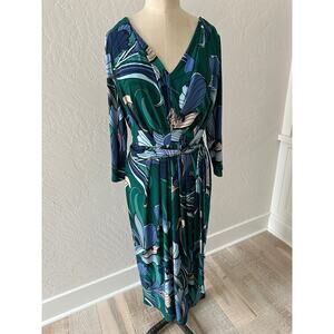 ANNE KLEIN Savanna Sleeve Floral Midi Dress Tie Waist $129 NEW Size Medium Teal